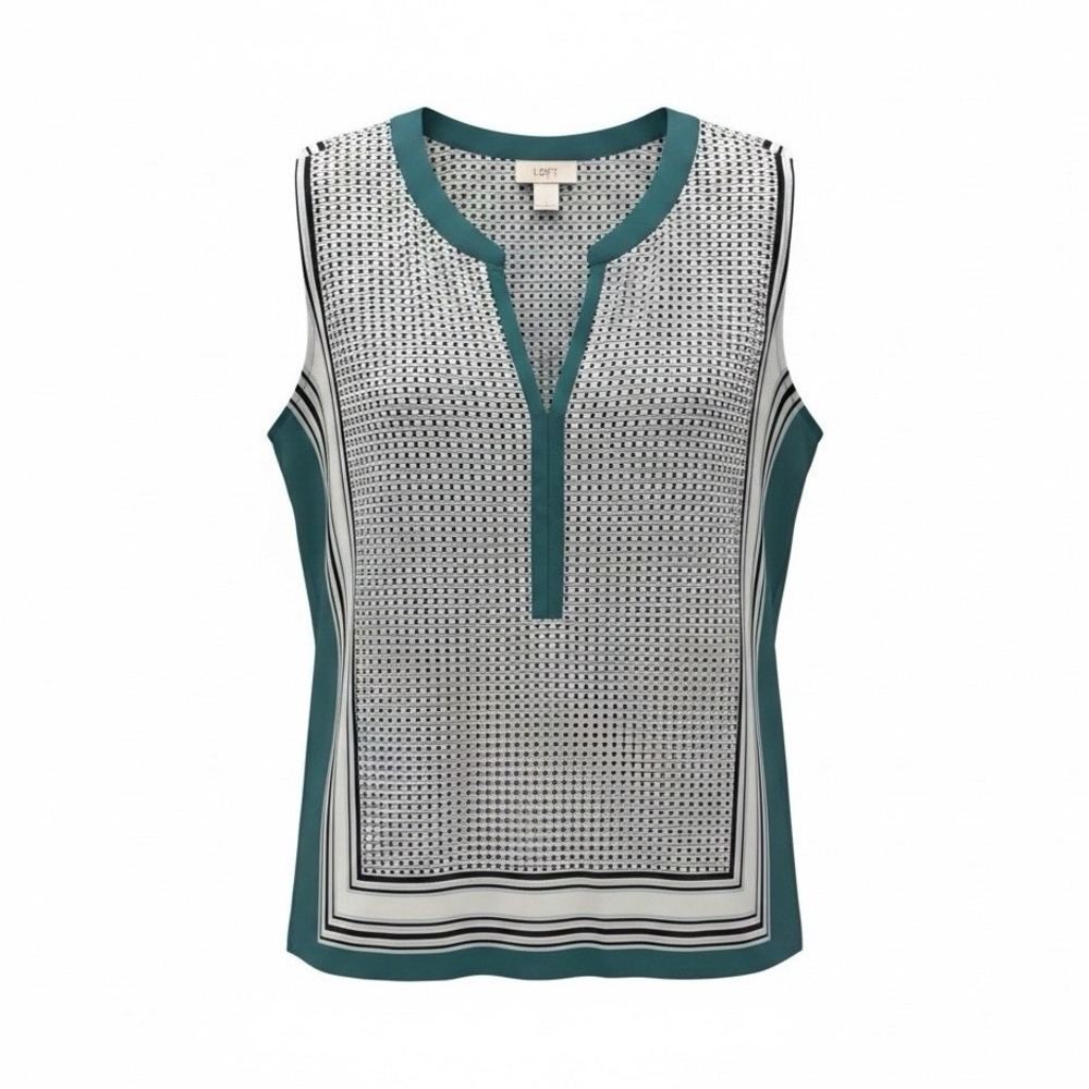 Women's LOFT Teal geometric shell Split Neck Sleeveless Blouse‎ Size L